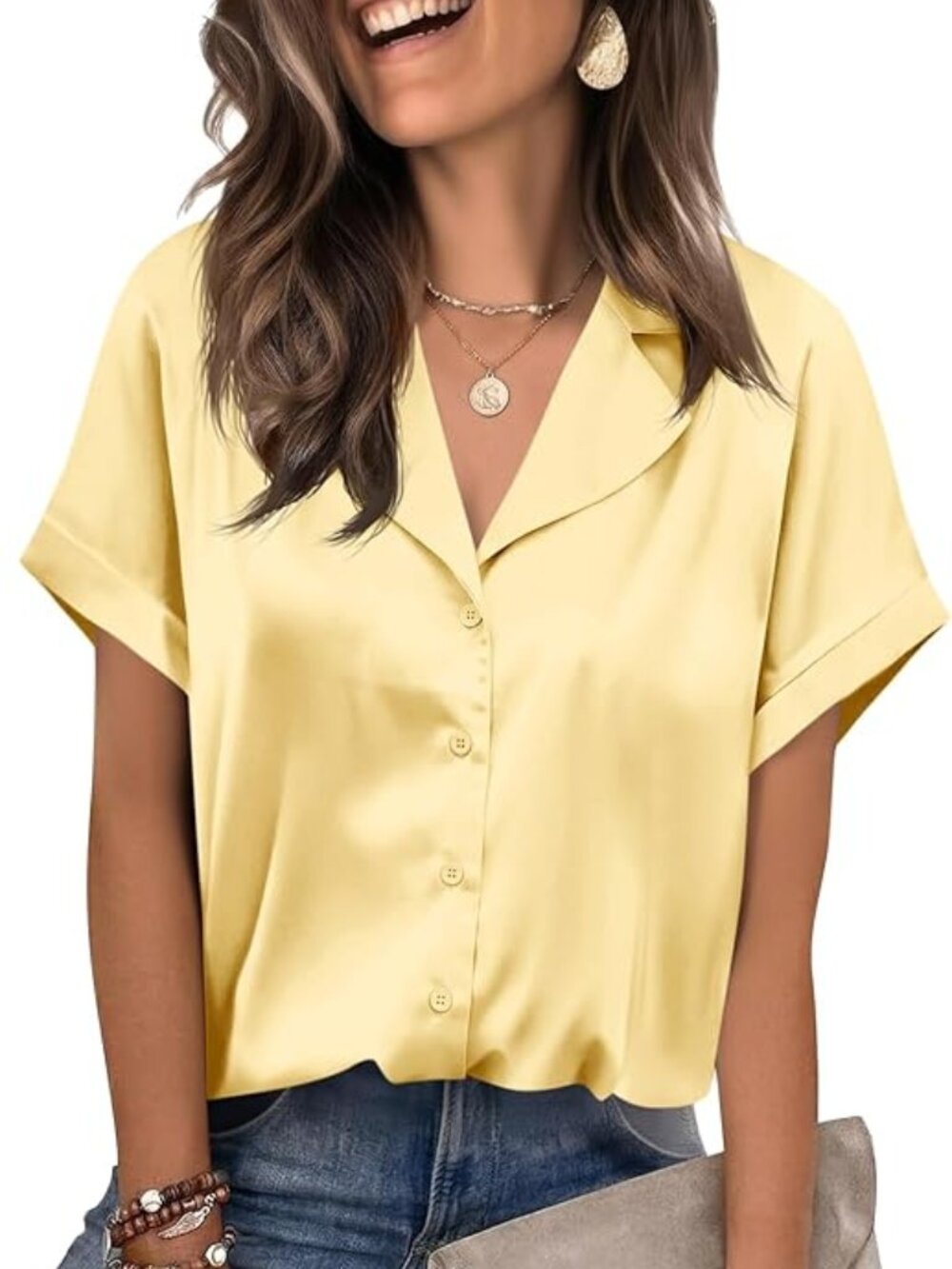 Womens Satin Button Down Shirt Short Sleeve V Neck Relaxed Fit Office Business